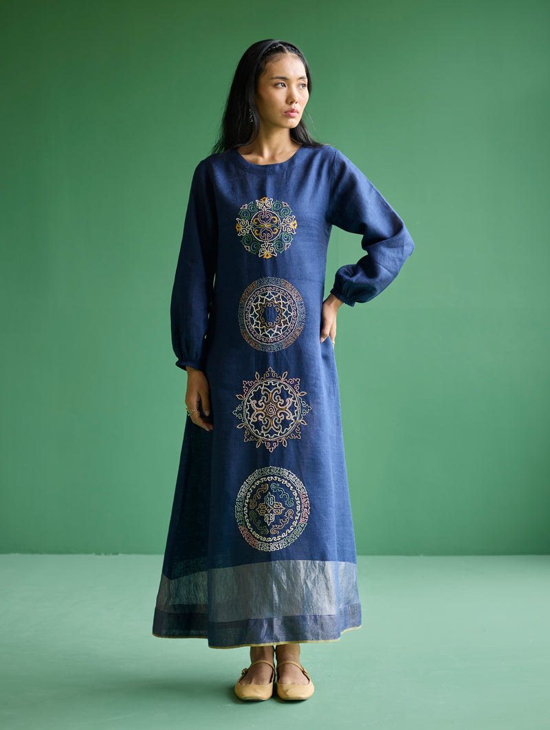 Eira Hand-Embroidered Linen Dress - Navy