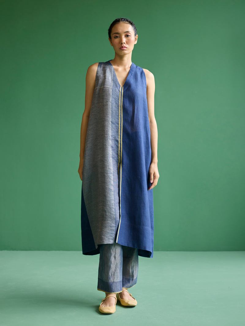 Ayana Metallic Linen Border Top - Navy