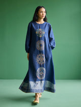 Eira Hand-Embroidered Linen Dress - Navy