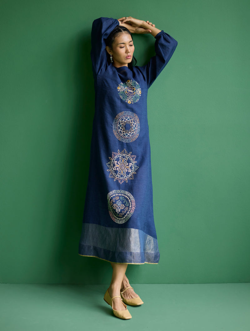 Eira Hand-Embroidered Linen Dress - Navy