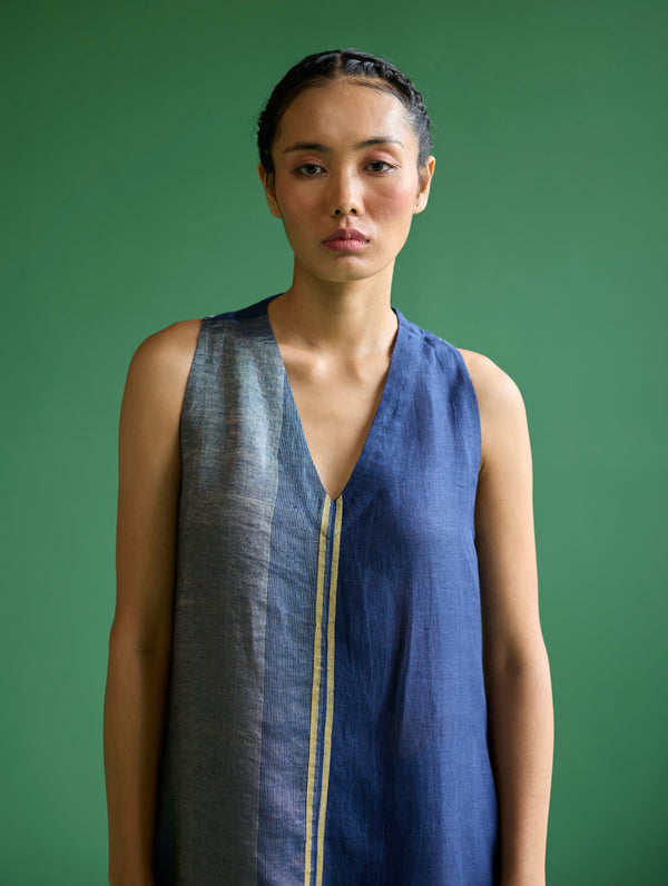 Ayana Metallic Linen Border Top - Navy