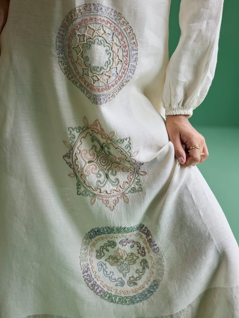 Eira Hand-Embroidered Linen Dress - Ivory