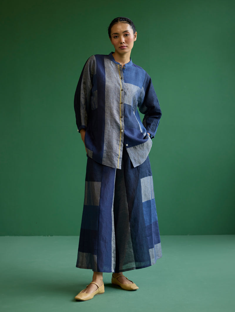 Izara Stripe Patchwork Linen Shirt - Navy