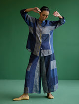 Izara Stripe Patchwork Linen Shirt - Navy