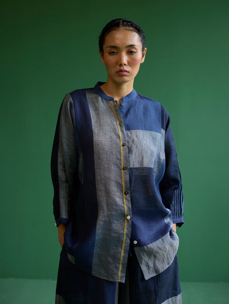 Izara Stripe Patchwork Linen Shirt - Navy