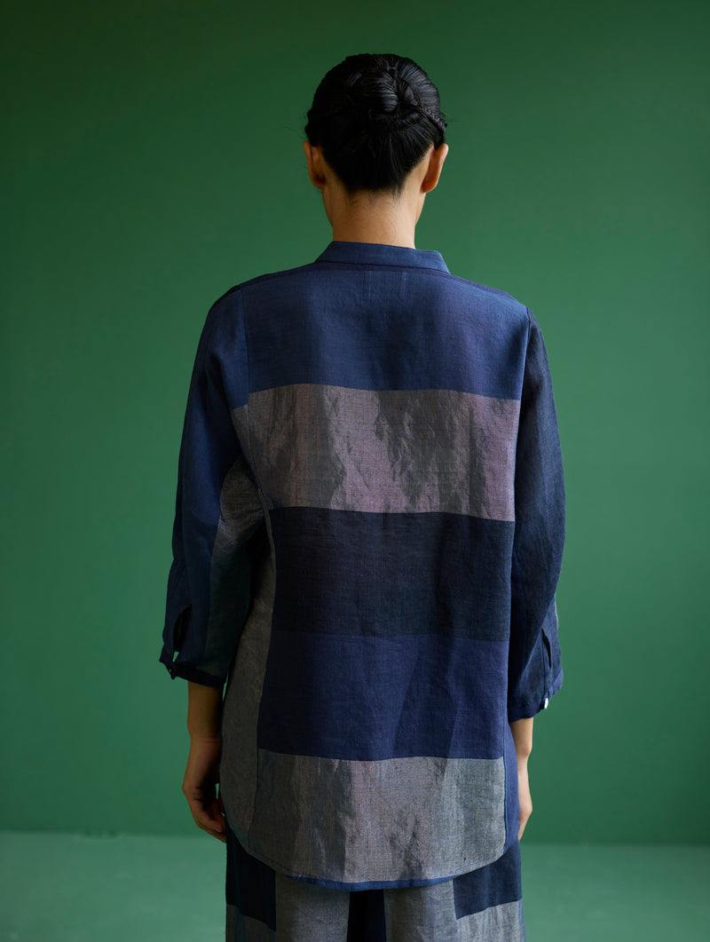 Izara Stripe Patchwork Linen Shirt - Navy