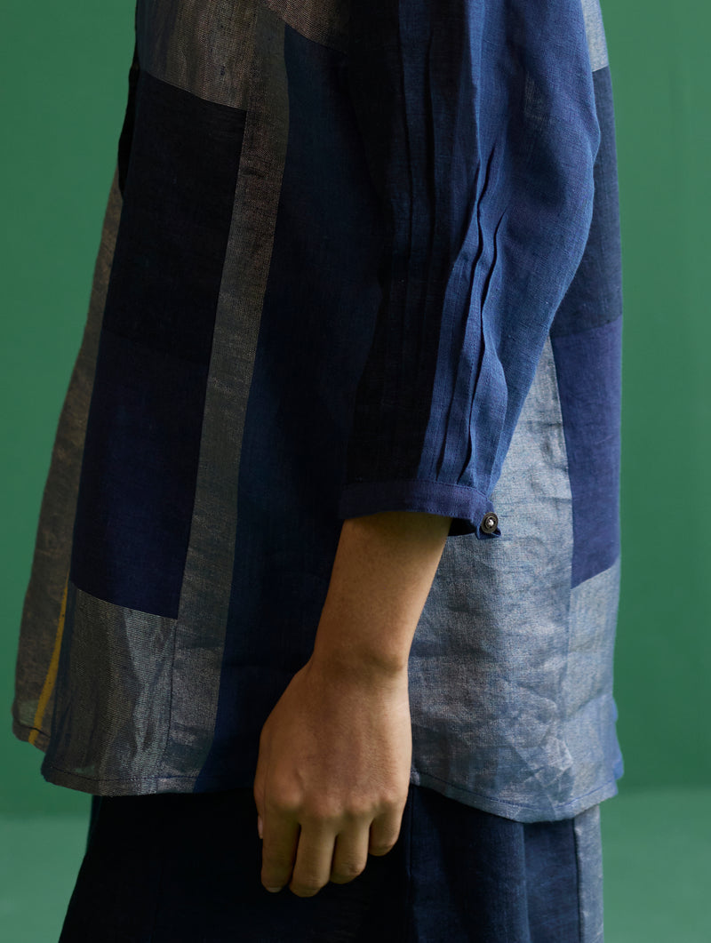 Izara Stripe Patchwork Linen Shirt - Navy