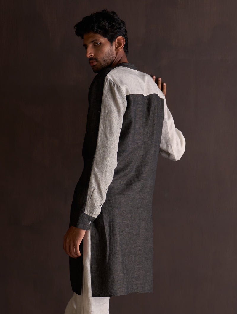 Minsu Color-Blocked Kurta Set - Charcoal