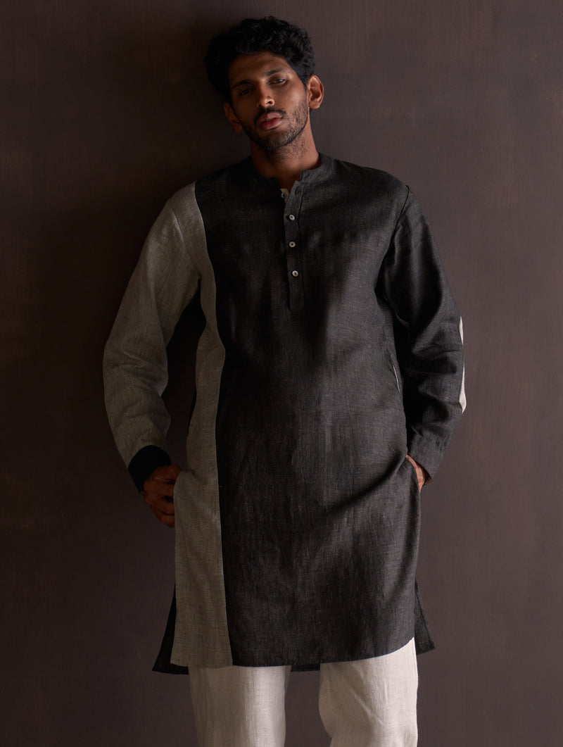 Minsu Color-Blocked Kurta Set - Charcoal