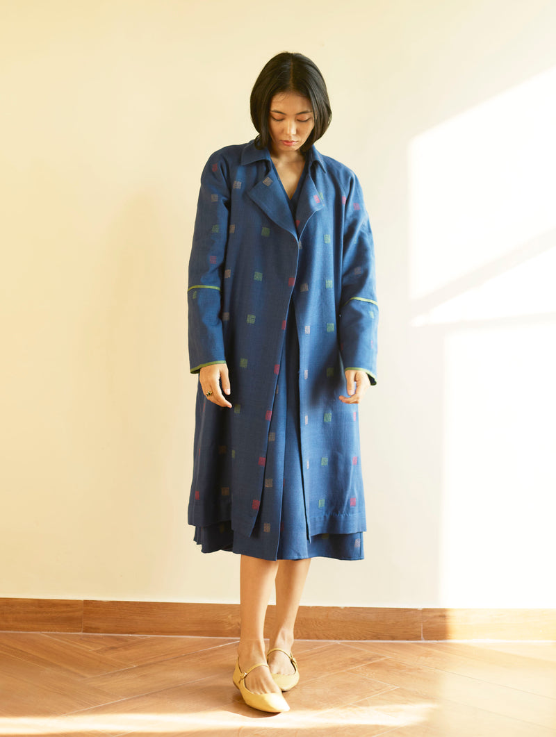 Kayan Jamdani Wool Dress with Jacket - Navy