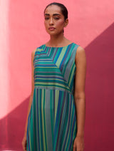 Irsa Silk Stripe Dress with Overlay - Peacock