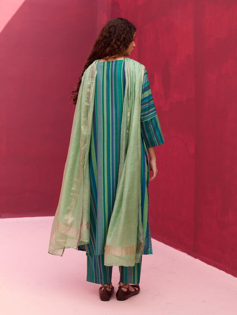 Nura Stripe Silk Kurta Set - Peacock