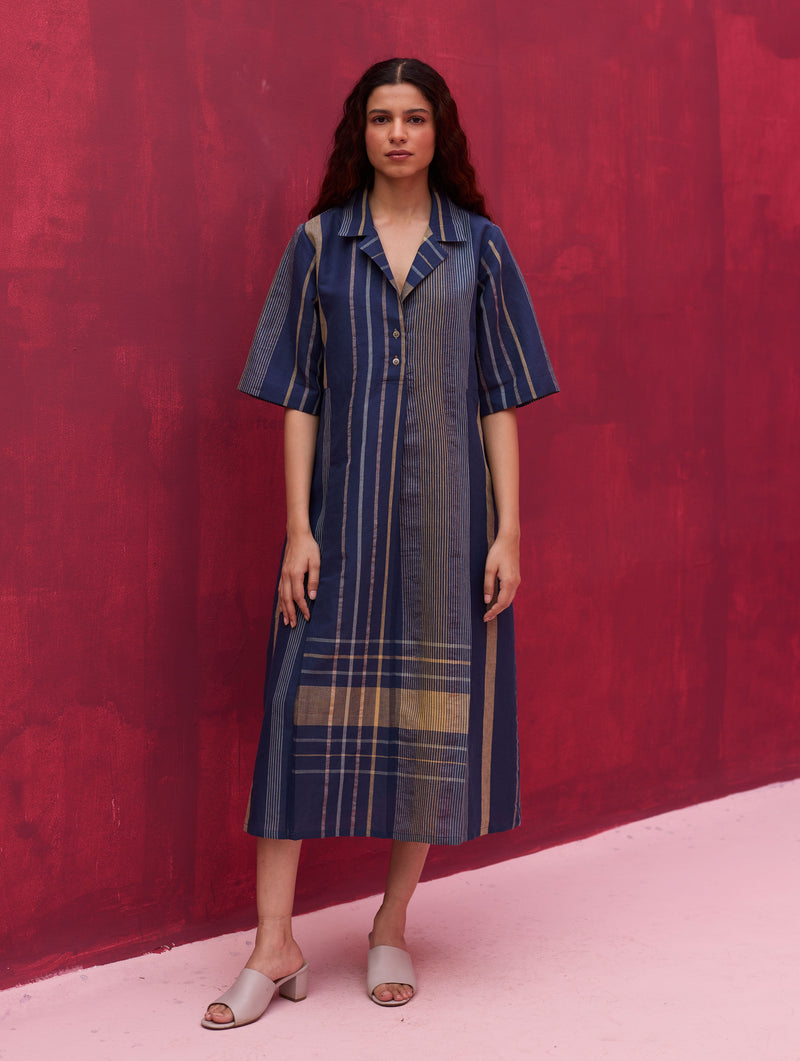 Vera Check Linen Dress - Navy