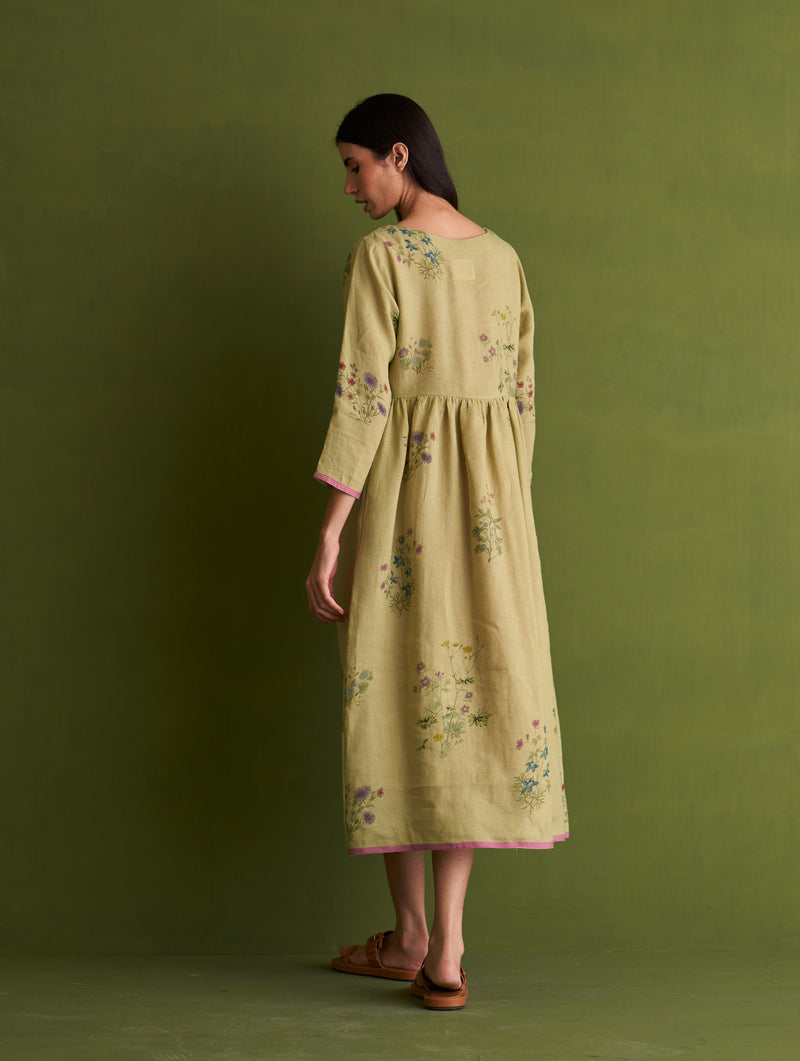 Misaki Botanical Linen Dress - Fern