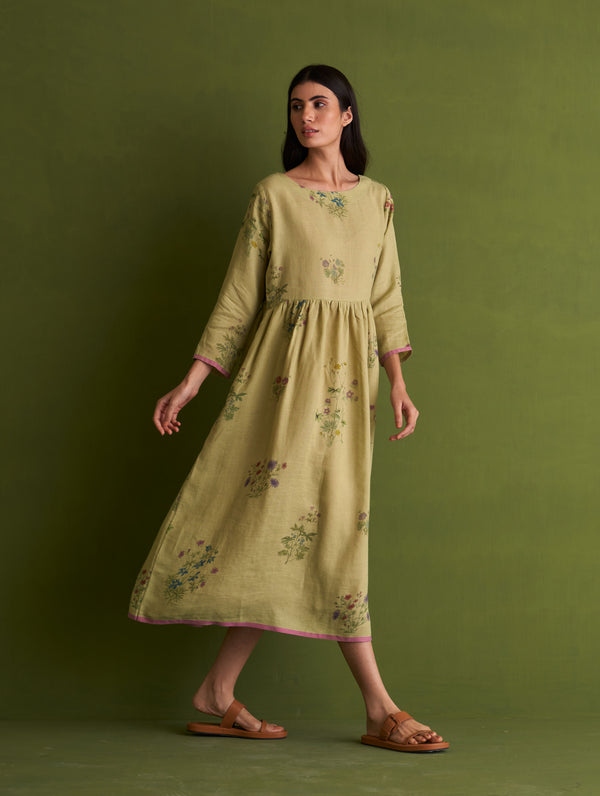 Misaki Botanical Linen Dress - Fern