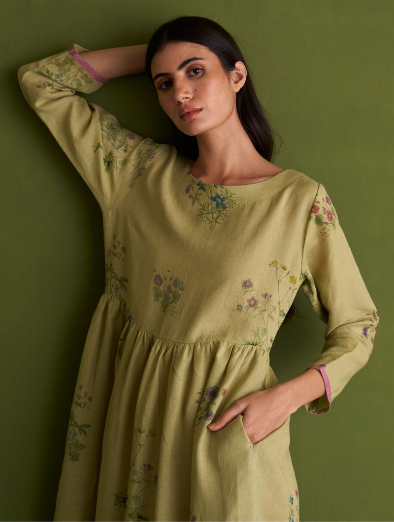 Misaki Botanical Linen Dress - Fern