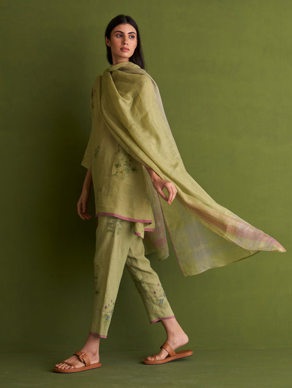 Maho Botanical Linen Kurta Set - Fern