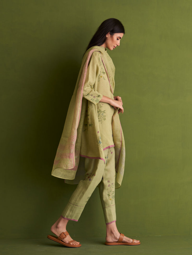 Maho Botanical Linen Kurta Set - Fern