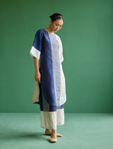 Risa Color-Blocked Linen Kurta - Navy