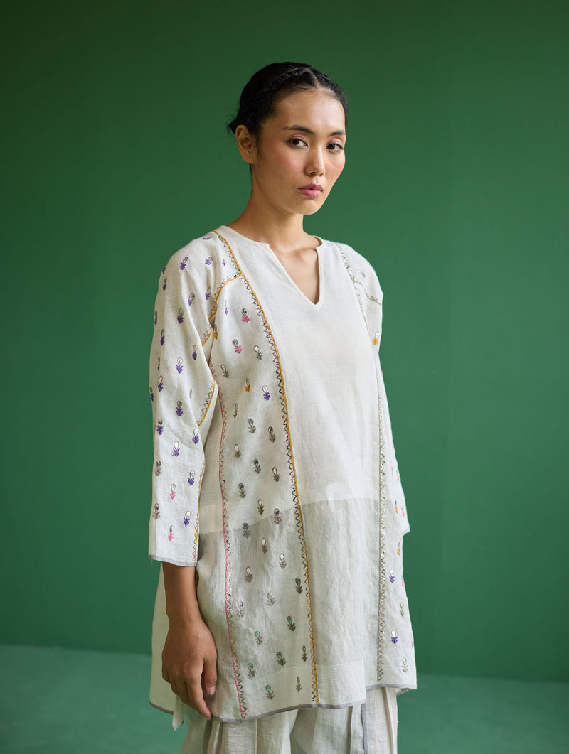 Ennya Hand-Embroidered Metallic Linen Kurta - Ivory