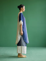 Risa Color-Blocked Linen Kurta - Navy