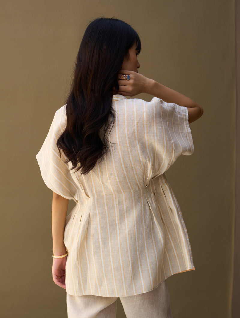 Kia Stripe Linen Pleated Top - Natural