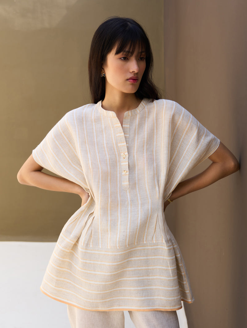 Kia Stripe Linen Pleated Top - Natural