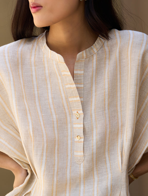 Kia Stripe Linen Pleated Top - Natural