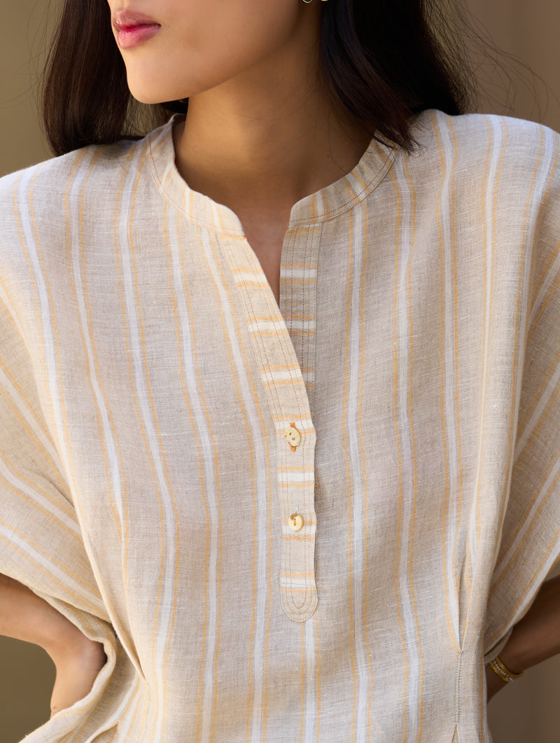 Kia Stripe Linen Pleated Top - Natural