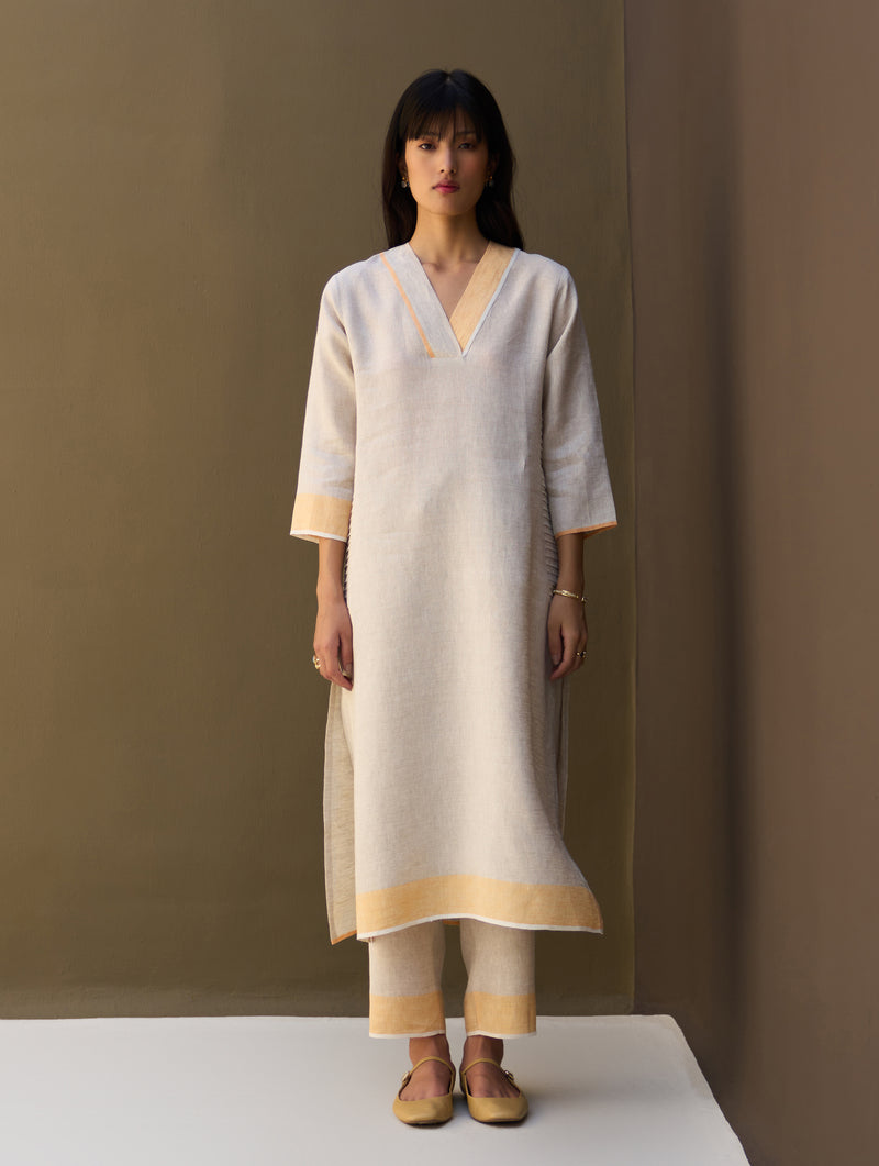 June Border Linen Pleated Kurta - Natural