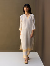 June Border Linen Pleated Kurta - Natural