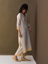 June Border Linen Pleated Kurta - Natural