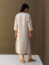 June Border Linen Pleated Kurta - Natural