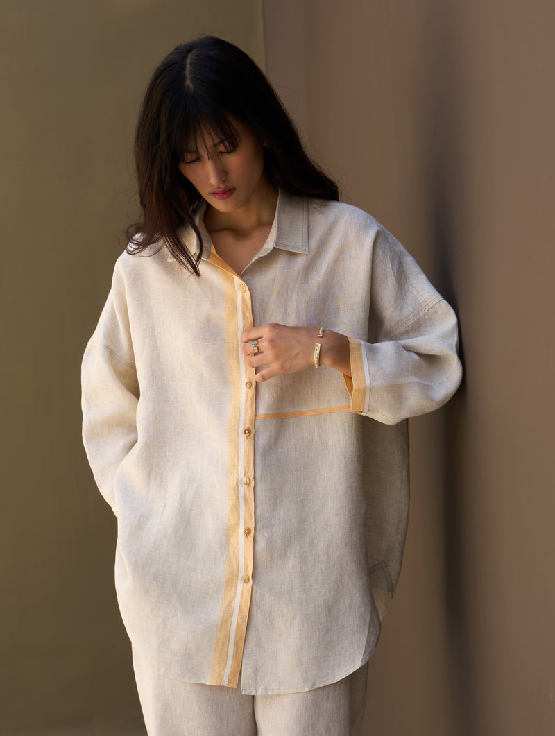 Isla Border Linen Shirt - Natural