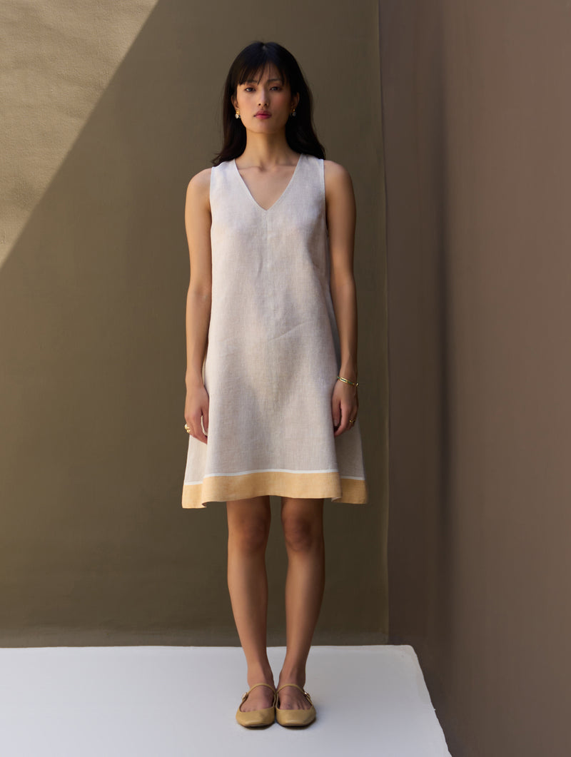 Ora Border Linen Dress - Natural