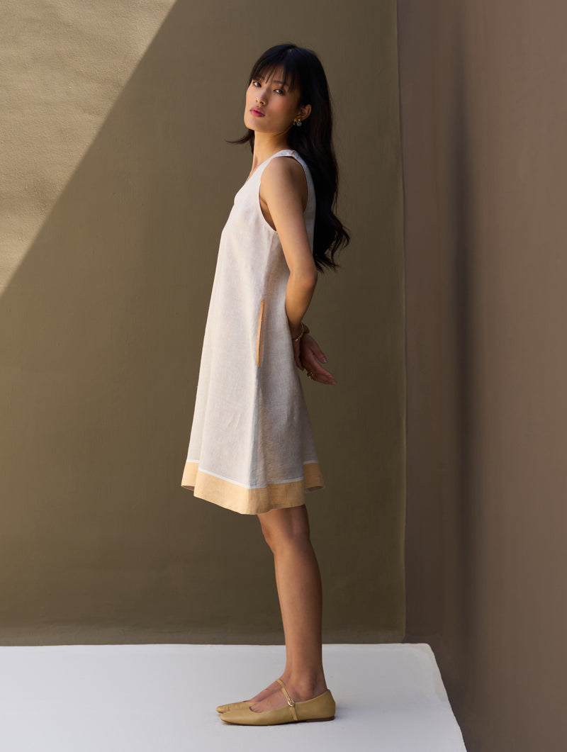 Ora Border Linen Dress - Natural