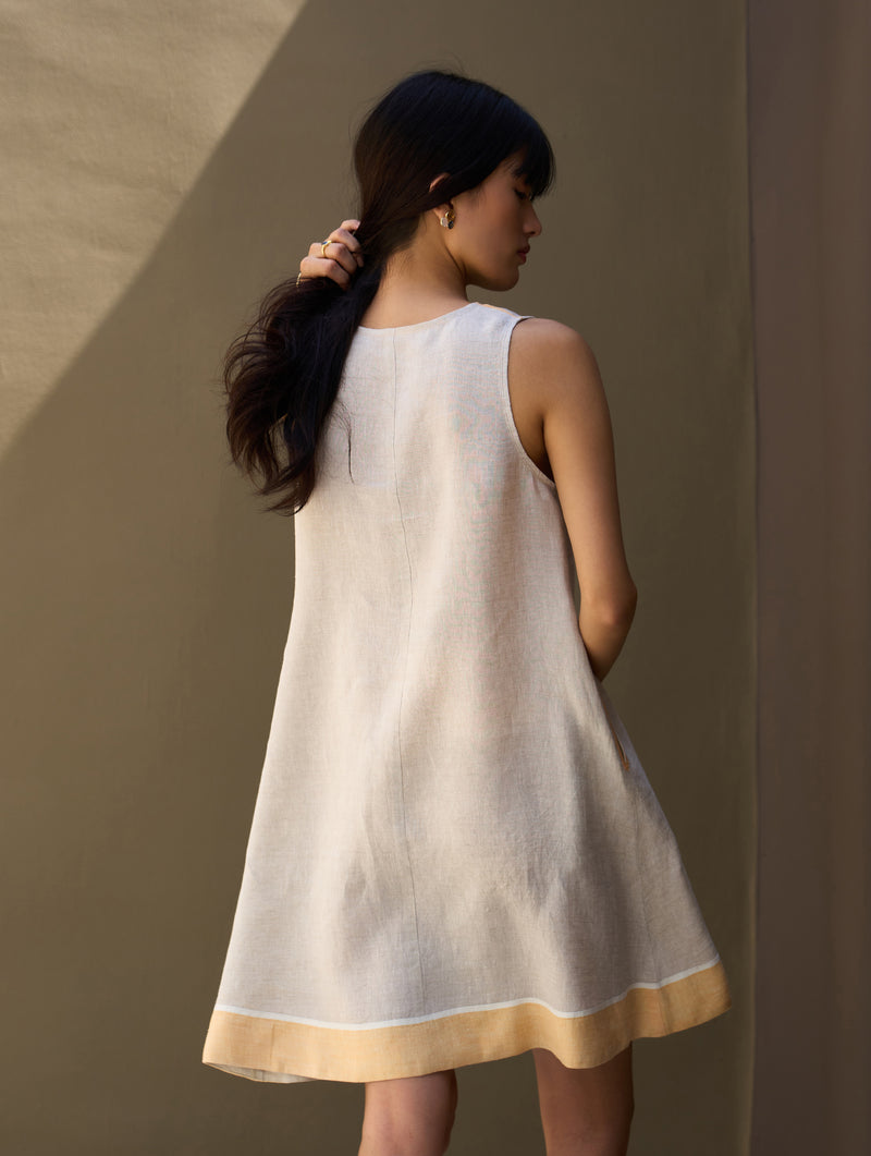 Ora Border Linen Dress - Natural