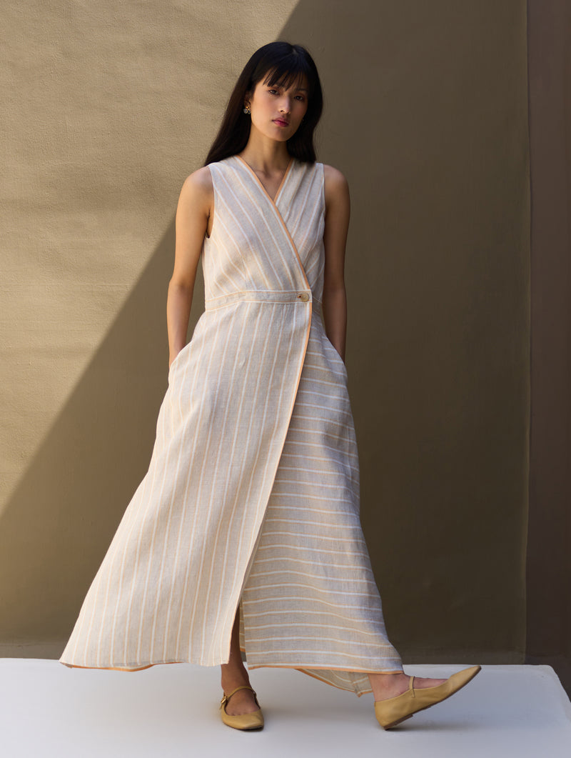 Kai Stripe Linen Wrap Dress - Natural