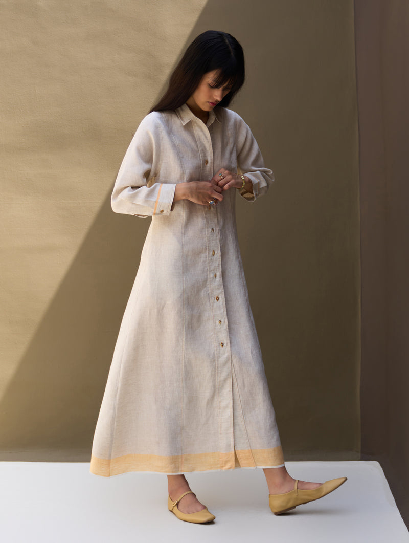 Ani Border Linen Dress - Natural