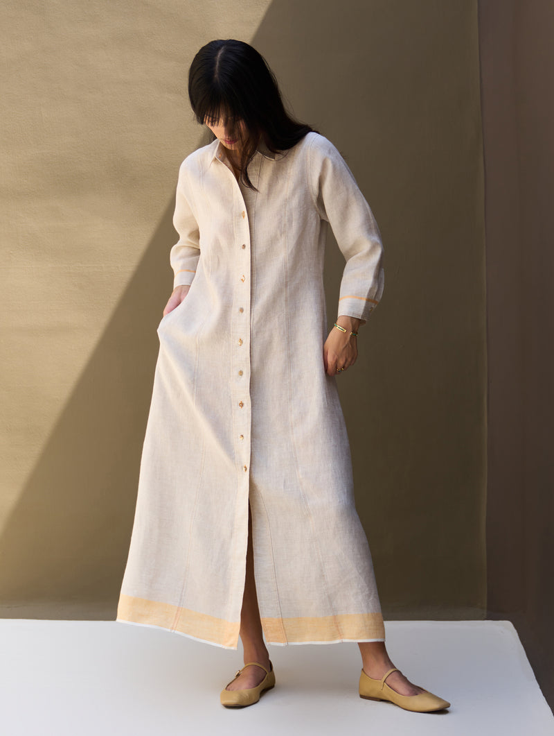 Ani Border Linen Dress - Natural