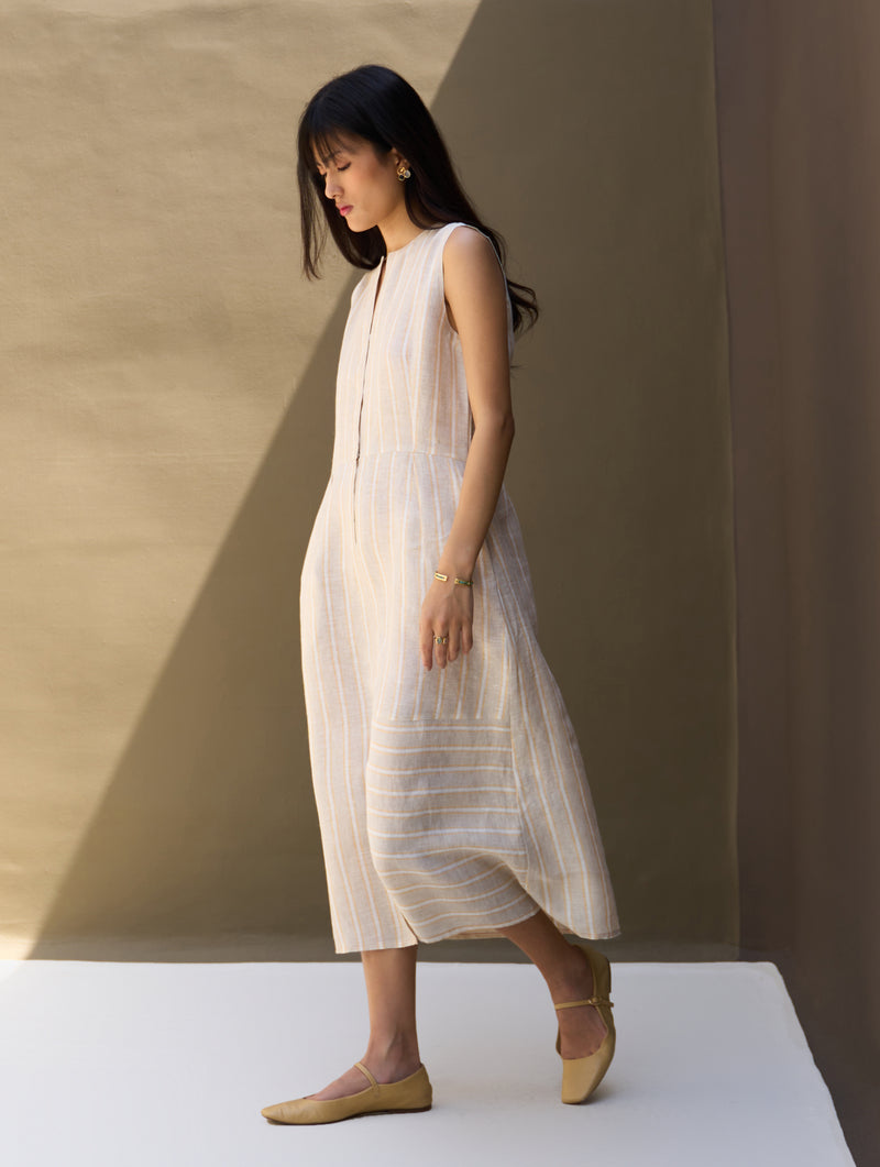 Una Striped Linen Sleeveless Dress - Natural