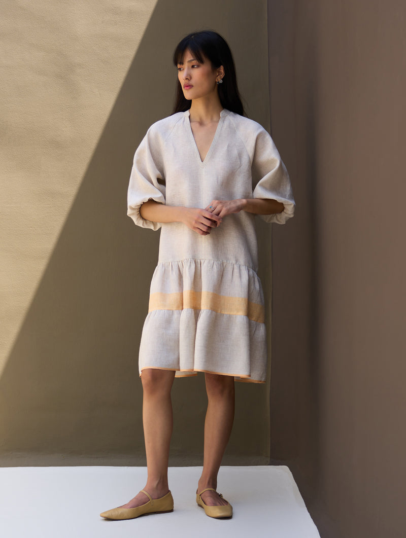 Vera Border Linen Dress - Natural