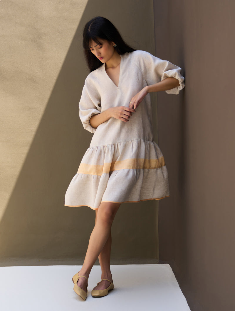 Vera Border Linen Dress - Natural