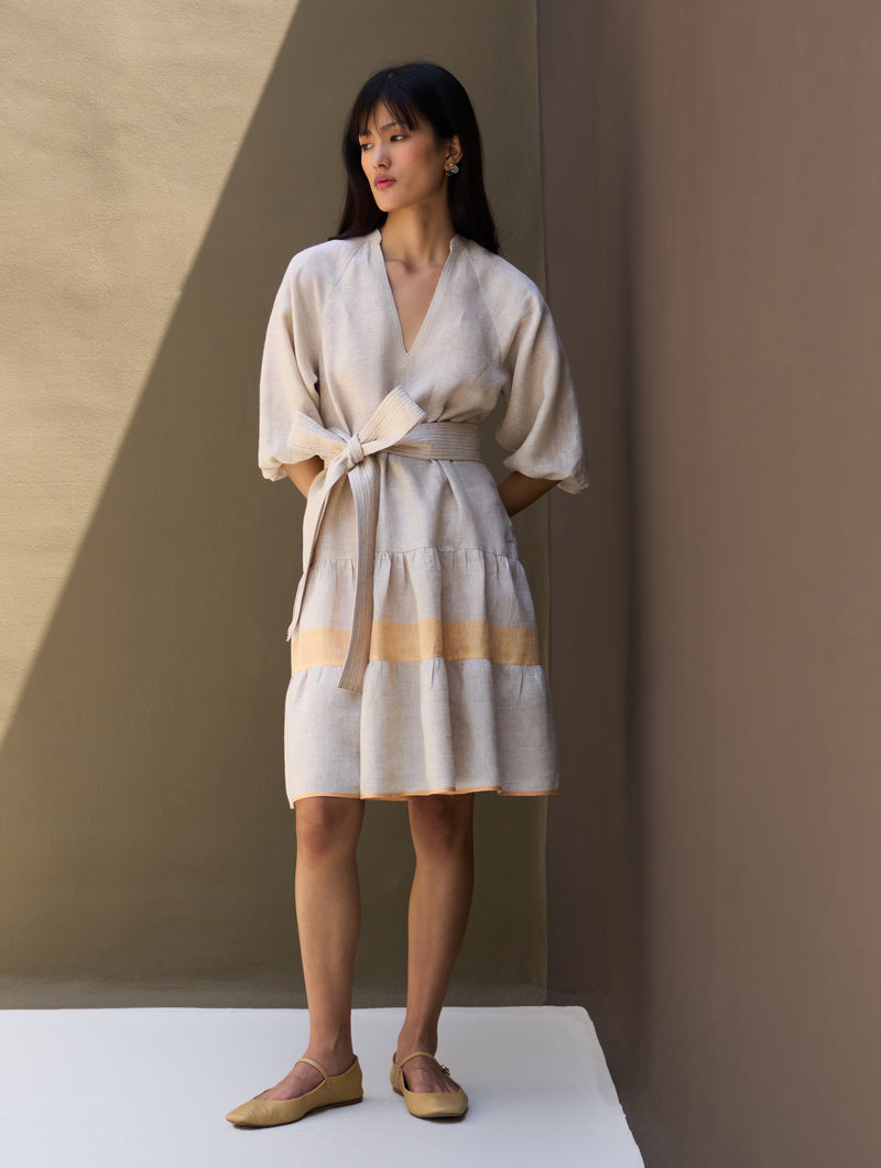 Vera Border Linen Dress - Natural