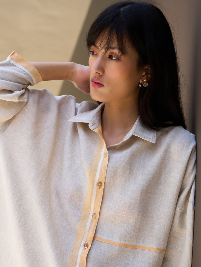 Isla Border Linen Shirt - Natural