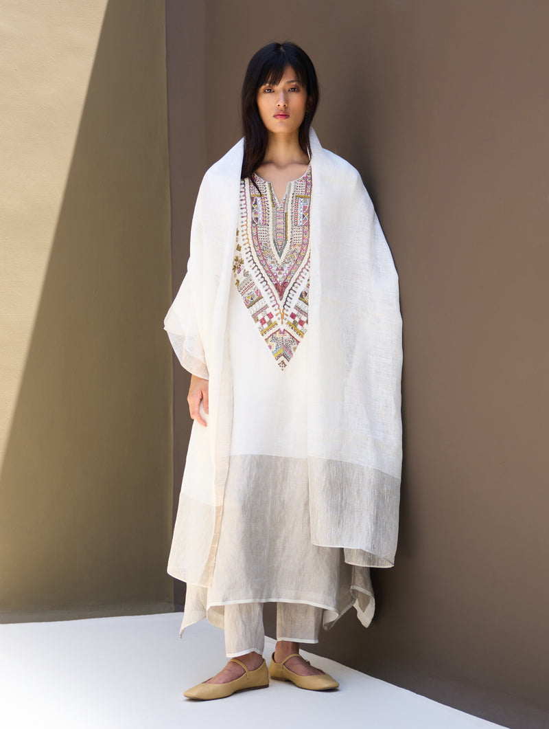 Zara Handloom Linen Dupatta - Ivory