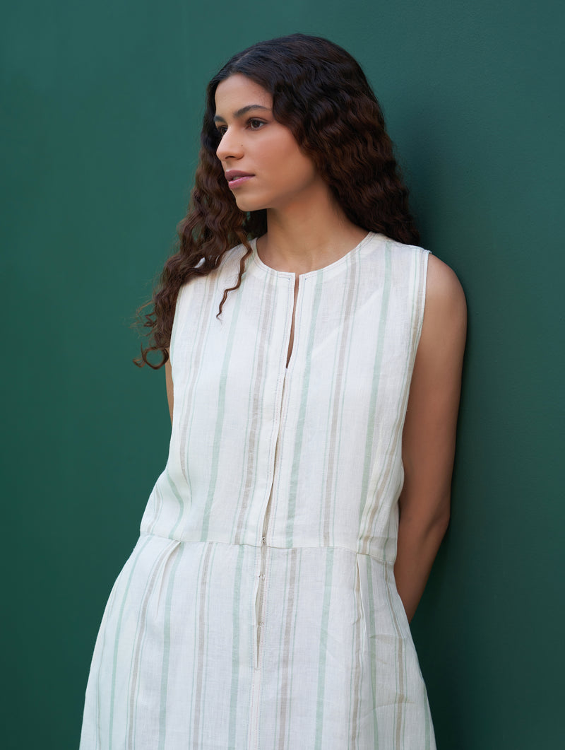 Una Striped Linen Sleeveless Dress - Mint