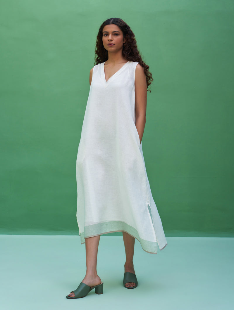 Jin Border Linen Dress - Ivory