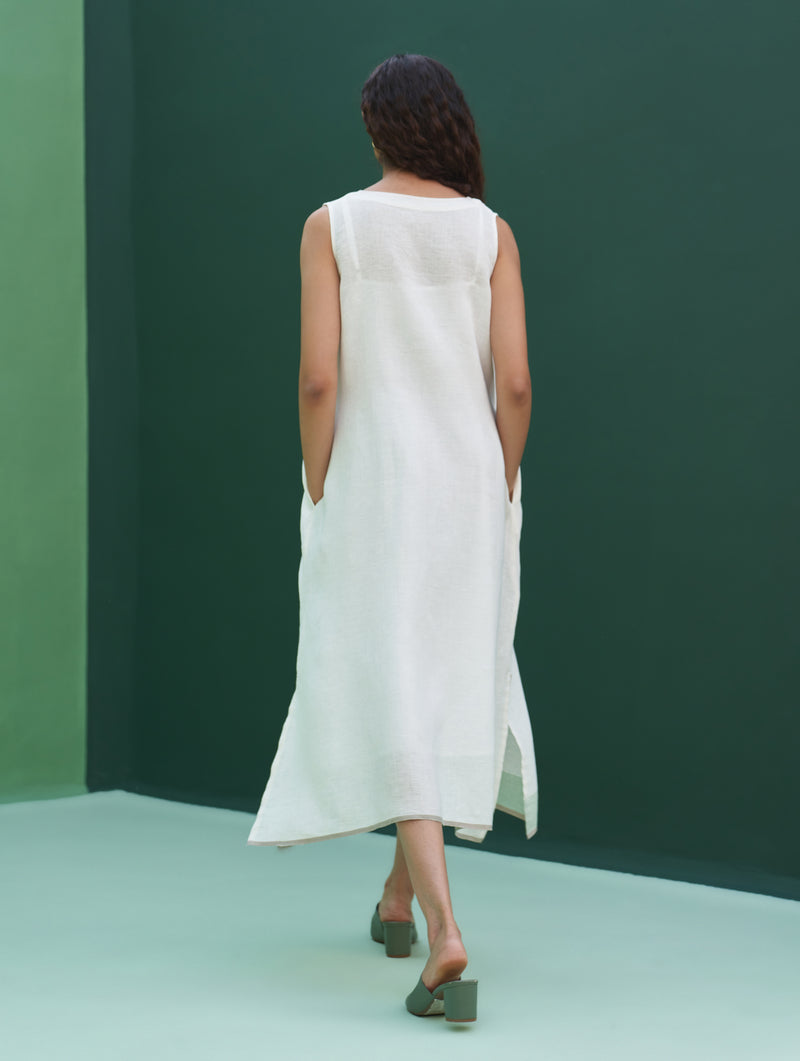 Jin Border Linen Dress - Ivory