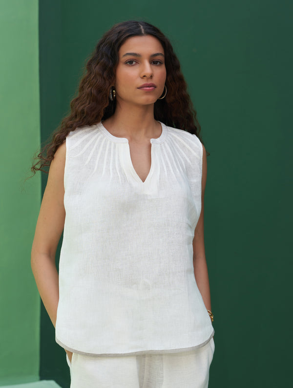 Emi Border Linen Top - Ivory